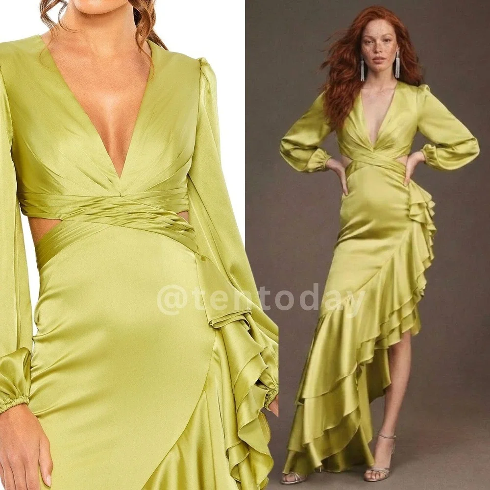 MAC DUGGAL Size 0 Pistachio Green Satin‎ Long Sleeve Maxi Ruffle Dress Gown NWT